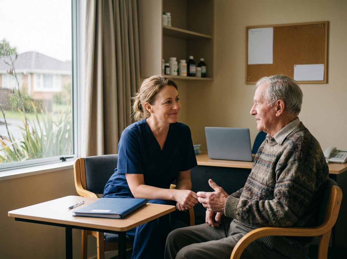 Nurse talking with an older man in a community clinic room