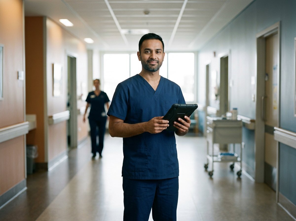 Nurse standing in a hospital corridor holding a tablet